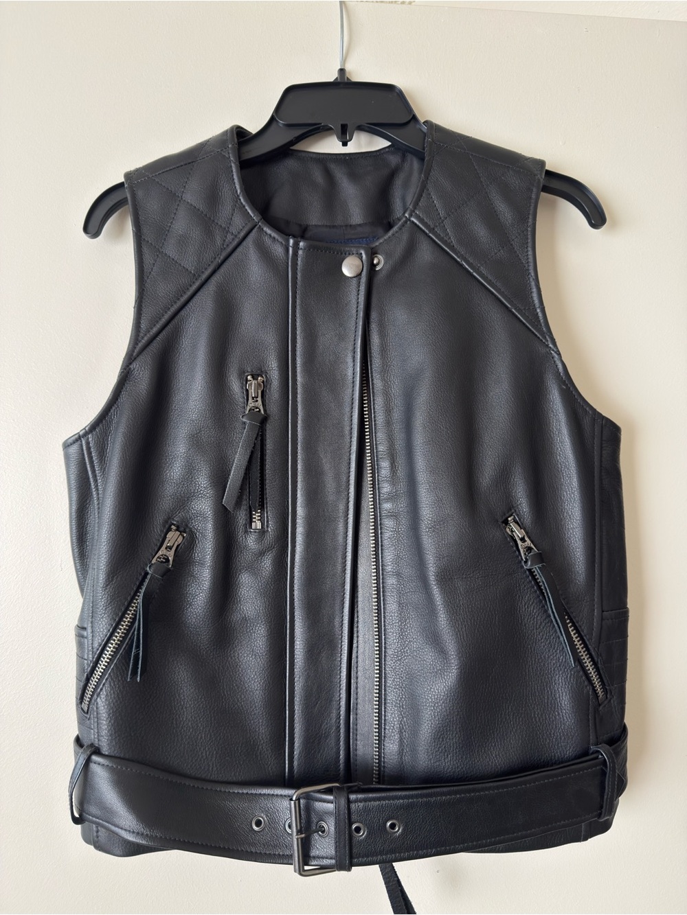Madewell Black Leather Moto Vest with Belted Hem